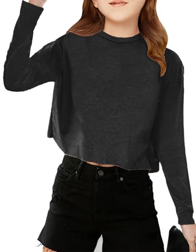 Girls Long Sleeve Crop Tops Kids Fashion Loose Crew Neck Cropped T-Shirts Casual Basic Tees
