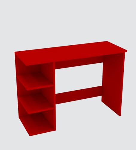 Image of Modern Compact Study Desk with 3 Side Shelves, Red, Space-Saving Home Office Table, 103x72x40 cm, DIY Assembly