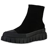 VAN HILL Damen Stiefeletten Keilstiefeletten Profilsohle Schuhe Keilabsatz Schlupfschuhe Plateau Vorne Booties 208558 Schwarz 40