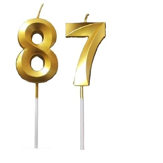 Image of ToyUniverse Number 87 Gold Candle | Eigthy Seven Number Candle | Number 87 Metallic Gold Candle for Eighty Seventh Birthday,Anniversary, Surprise Party Cake Decoration Candle (Pack of 2,Number 87)