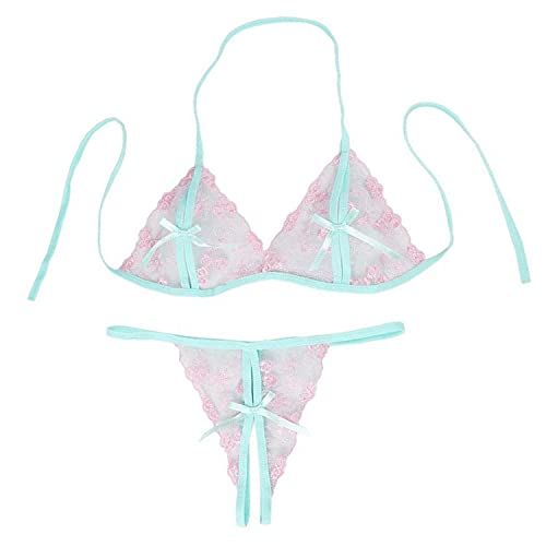 Women's 2 Piece Lace Bra and Panty Sets Micro G-String Bikini Lingerie Nightwear Sexy Lace Up Babydoll Teddy Underwear (Green,One Size)