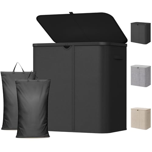 Lifewit Wäschekorb 145L mit Deckel Großer Wäschesammler aus Kunststoff Fächer Wäschebox Laundry Basket für Bad Schlafzimmer Waschraum Schwarz
