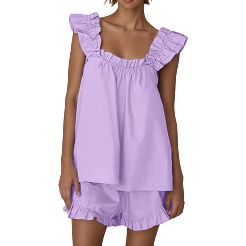 2026 conjuntos de pijama de 2 piezas trajes sin mangas ropa de dormir con volantes crop top casual pantalones cortos ropa de salón, morado, XL