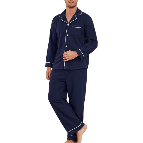 U2SKIIN Mens Flannel Pajama Set Soft Long Sleeve Warm Sleepwear for Men | Warm Flannel,Button-Down Pjs,Skin-Friendly,Collared Neck,Relaxed Fit,Side Pockets,Machine Washable(Navy, L)