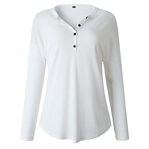 SLIMBELLE-Damen-Waffel-Henley-Hemden-V-Neck-Lange-Aermel-Blusen-Button-Up-Tops-Tunika-Oberteile-Stricken