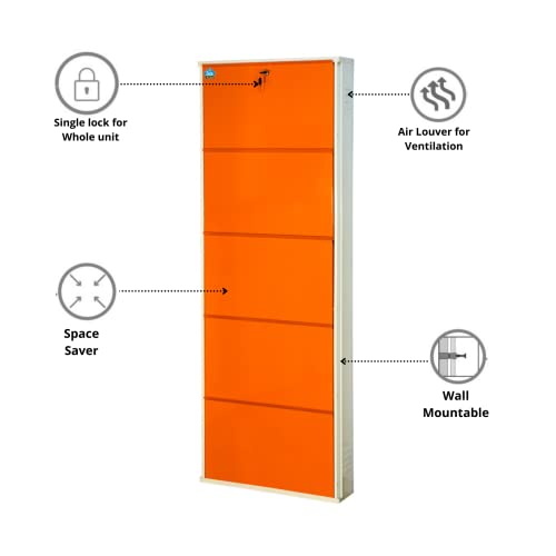 Image of DELITE KOM 24 Inch Wide, 5 Shelf Metal Shoe Rack Wall Mounted for Home with Central Lock Holds Upto 15 Shoes or 25 Slippers Pair | 1 Year Warranty | (67 x 24 x 5 Inch, Ivory Orange) DIY Space Saving