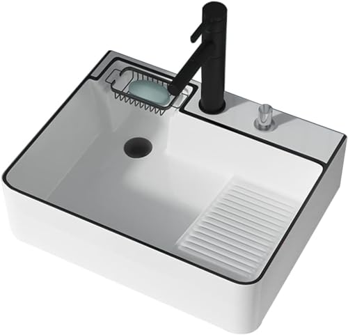 Lavandino per Lavanderia da Appoggio in Ceramica sopra Il Bancone del Bagno Lavandino con Lavatoio Rectgle Art Laundry Sink con Rubinetto E Scarico A Scomparsa, White, 51.5x40.5x15cm