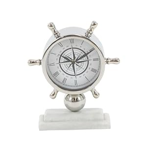 Deco 79 Stainless Steel Metal Ship Wheel Clock with Marble Base, 9″ x 3″ x 8″, Silver