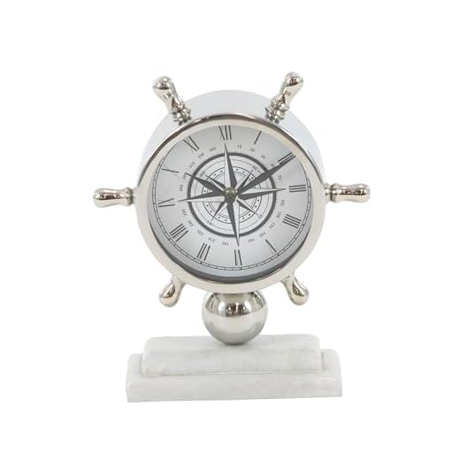 Deco 79 Stainless Steel Ship Wheel Clock with Marble Base, 9" x 3" x 8", Silver