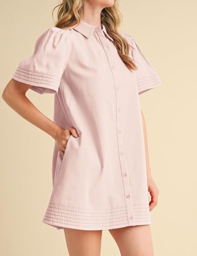 Image of Womens Short Sleeve Button Down Mini Shirt Dress Lapel Collar Short Dresses with Pocket