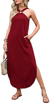 ANRABESS Women Summer Halter Neck Sundress Sleeveless Split Side Casual Beach Travel Vacation Maxi Long Dress with Pockets