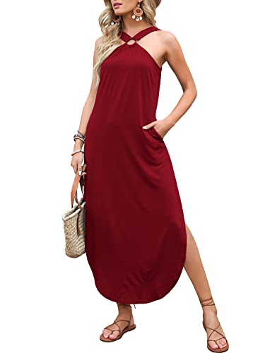 ANRABESS Women Summer Halter Neck Sundress Sleeveless Split Side Casual Beach Travel Vacation Maxi Long Dress with Pockets