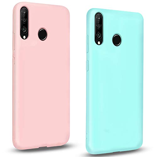 Leton-IT 2X Coque Huawei Y6P 2020, Coque Silicone Huawei Y6P 2020 Housse de Protection Souple Étui Flexible Soft TPU Gel Slim Bumper Case Matte Couleur Unie Rose Vert Cover