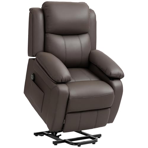 HOMCOM Sillón Relax Reclinable Eléctrico Levanta Personas, Sillón Elevador, con Respaldo Alto, Control Remoto, Reposapiés, Acolchado Grueso, Tapizado en PU, Bolsillos Laterales, Marrón Oscuro