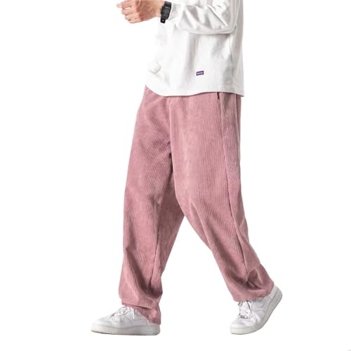 HALOMR Men's Corduroy Pants Expandable Waist Baggy Pants Casual Loose Fit Relaxed-fit Cotton Pink