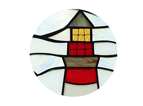 Yogoart 16 Inch Round Stained Glass Window Hanging Pagoda and Lighthouse Tiffany Stained Glass Window Panel with Hanging Chain - Thumbnail 4
