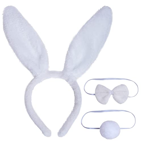 baotongle Haarband met hazenoren, haarband, konijnenoren, haarband, hoofdband, konijntje, stropdas, bunny, pluche haarband voor Pasen, carnaval, party, kostuum, decoratie, wit