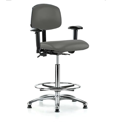Image of Perch Chrome Stationary Multi-Task Office Chair with Adjustable Armrests and Foot Ring | High Bench Height 24-33.5 inch | Charcoal Vinyl
