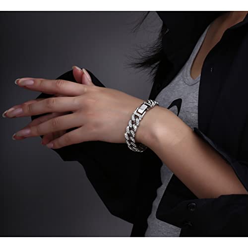 FuninCrea Titanium Steel Cuban Link Bracelet for Men Women, 13mm Retro Vintage Hip Hop Bracelet Silver High Polished Cubic Zirconia Cuban Bracelet Miami Cuban Link Chain Bracelet