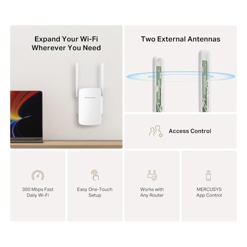 Image of MERCUSYS ME12 WiFi Extender Booster, 2 External Antennas WiFi Booster, APP Control WiFi Extender,TP-Link WiFi Repeater Works with Any Router or Wireless Access Point,Plug and Play,Signal Indicator