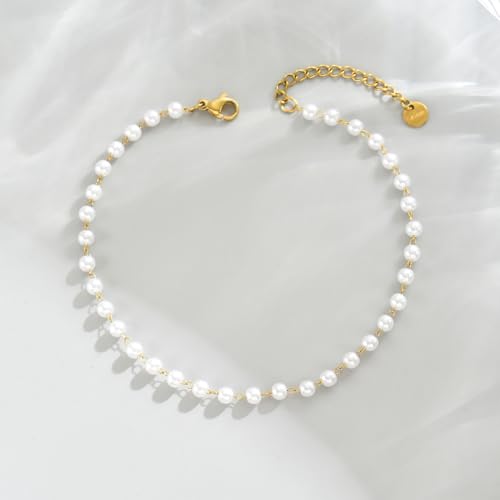 Image of 18K Gold Plated Boho Beaded Anklets for Women Dainty Gold Layered Round Ball Ankle Bracelet Pearl Cross Anklet Bracelet Waterproof Gold Jewelry