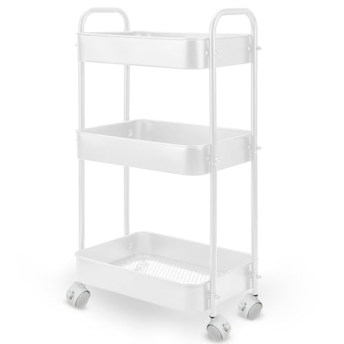 TIENDA EURASIA - Camarera con Ruedas | Tres Niveles | Multiusos | Carrito Organizador | Camarera de Cocina | De Metal | Asas y Ruedas (Blanco)