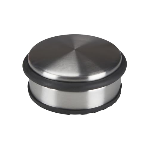 Perel Tope de puerta, redondo de acero inoxidable, tope de suelo para puerta, resistente, no requiere taladrar, anillo protector de goma antirrayaduras y antideslizante, gris plateado, 10 x 4 cm, 1 kg