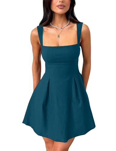 Image of YMDUCH Women's Sexy Sleeveless Square Neck Adjustable Straps Bow Tie A-line Mini Party Club Dress