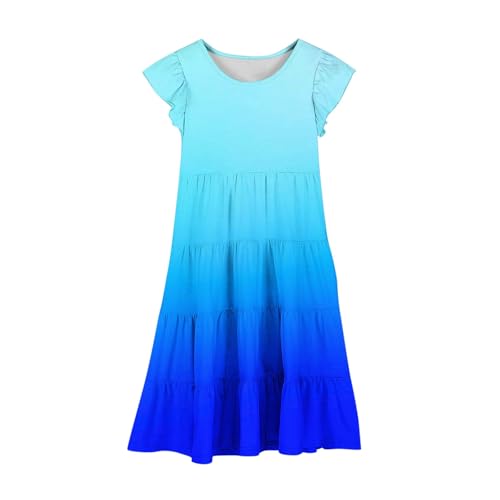 Girls Summer Dresses Double Layer Flutter Sleeve Flowy A-Line Sundress Casual Gradient Midi Dresses for 6-15 Years4