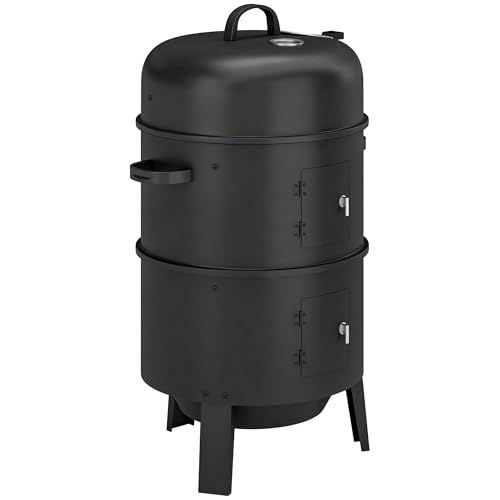 Outsunny Ahumador vertical 3 en 1 de carbón vegetal con 2 rejillas de parrilla, termómetro integrado, ventilación ajustable, 2 puertas, parrilla ahumadora para barbacoa al aire libre para camping