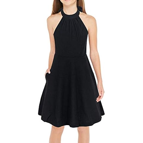 GORLYA Girl's Halter Neck Cold Shoulder Sleeveless Summer Casual Sundress A-line Dress with Pockets for 4-12 Years (Height:59in/11-12Y, Black/13) Cover