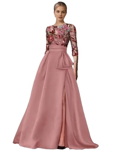 Fashion A-Line Prom Dress 3/4 Length Sleeve Boat Neck Floor Length Satin with Bow Slit Elegant Evening Dress