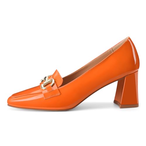 Image of Womens Mid Block Chunky Heeled Loafers Closed Square Toe Patent Leather Comfortable Slip On Pumps Metal Chain Basic Classic Casual Work Office Dress Shoes 2.8 Inches Heels