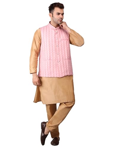 Image of Men's Cotton Silk Blend Regular Kurta Pyjama, Embroidered Nehru Jacket /Waistcoat Set