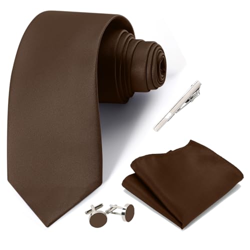 Junmaxroad Mens Tie Set Solid Color 3.15 (8CM) Coffee Formal Necktie Pocket Square Clip and Cufflinks Business Wedding Gift Box
