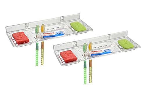 Image of Transparent Heavy Duty 16-Inch Wall Mount Shelf with Soap Dish /Shelf & Toothbrush Holder | ABS Plastic Bathroom & Kitchen Organizer | Durable, Space-Saving & Stylish (Pack of 2)