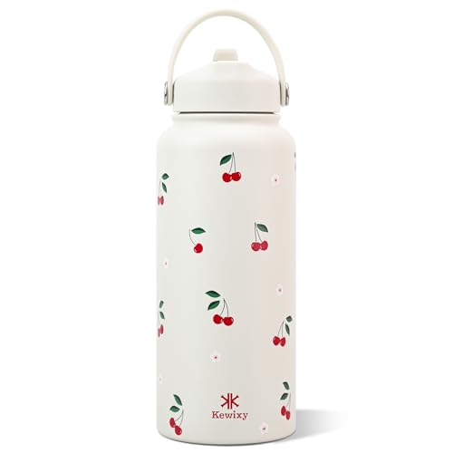 32 oz Insulated Water Bottle with Straw, Leak Proof Water Bottle Stainless Steel with Flip Straw and Handle, Metal, Reusable, Wide Mouth, for Travel, Gym and School (Cream Cherry)