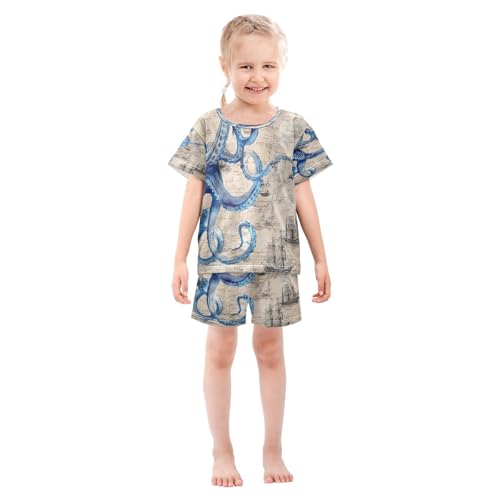 ALAZA Nautical Map Blue Octopus Kraken Ship Pajamas Set Short Sleeve Cotton Sleepwear Summer Pjs 2 Piece 5-14Y3