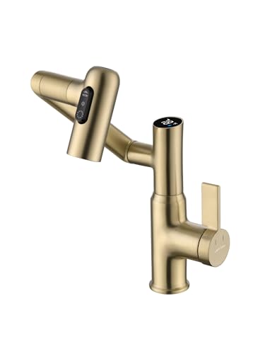 Lefton Rotatable Bathroom Faucet with Temperature Display in Fahrenheit (Batteries-Free), 3 Water Modes, Brushed Gold, BF2204-6