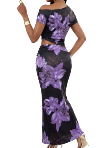 Image of BARASA Two Piece Sets For Women Summer Vacation Sexy Bodycon Outfits DS75 | Elegant Asymmetrical One Shoulder Crop Top And Ruched High Waist Long Maxi Skirt Set For Women Summer Vacation