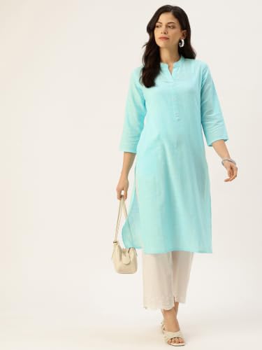 Image of feranoid Women's Plain Cotton Kurta with Mandarin Collar, 3 /4 Sleeves & Pocket