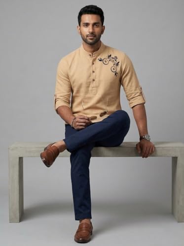 Image of DEEMOON Men's Full Sleeve Short Kurta Shirt with a Trendy Mandarin Collar Crafted from a Premium Cotton Blend for Comfort Ideal for Casual and Semi-Formal Occasions