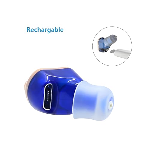 Image of Aika AG-7950 Mini Rechargeable Invisible Digital CIC Hearing Amplifier Ear Machine, Digital Hearing Aids For Seniors (Left Ear, Blue, With Dry Kit)