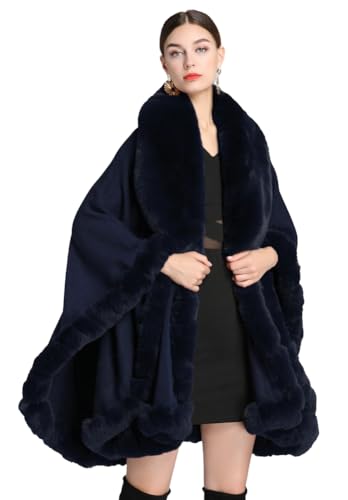 Image of Women Poncho Cape Faux Fur Collar Knitted Cardigan Sweater Batwing Long Sleeve Shawl Wrap Coat Oversized Cloak