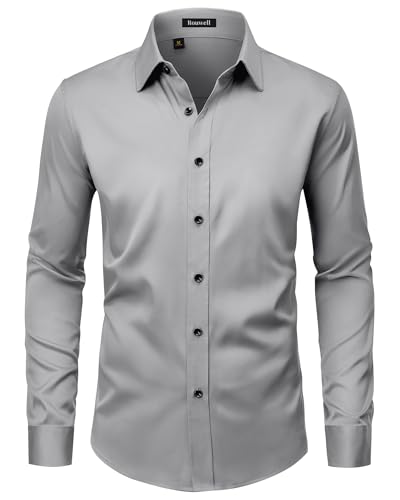 ROUWELL Grey Dress Shirts for Men Long Sleeve Non Iron Wrinkle Free Stretch Business Casual Work Button Down Shirts L