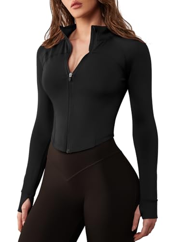 GYM RAINBOW Women's Zip Up Workout Jacket Lightweight Slim Fit Athletic Jacket Cropped Running Gym Tops with Thumb Holes