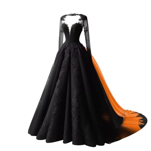 TRHTX A-line Lace Gothic Wedding Dresses for Bride Long Sleeve Black Bridal Gowns Applique V Neck Wedding Gowns with Train