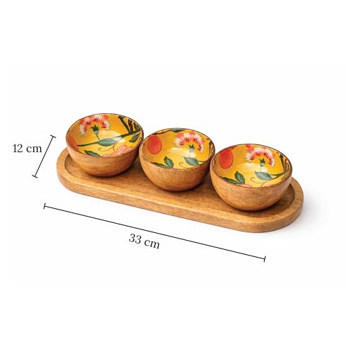 Image of Chumbak Limonata Trio Wooden Bowl Set | Citrus Collection | Mango Wood Trio Bowl Set | with Tray | Citrus Print | Food Safe | Chakna Serveware | Gifting Bowl Set