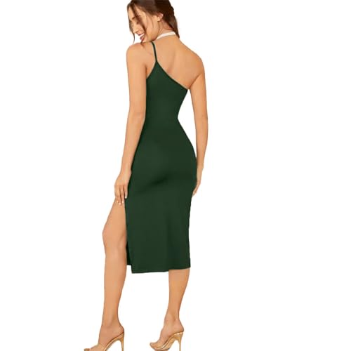 Image of TIVANTE Solid One Shoulder Midi Cami Bodycon Dress with Slit for Women