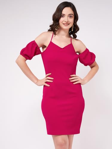 Image of Zima Leto Women's Pink Polyester Bodycon Mini Dress | Cold Shoulder Puff Sleeve Halter Neck | Stylish Party Dresses for Women Knee Length | Modern Western Dress for Casual, Festive & Cocktail Events